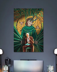 Green-and-gold collage showing a horned Loki figure, decorative circles and a smaller seated man in a brown suit.