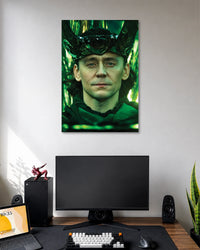 Loki Tom Hiddleston Marvel Poster poster design: Bring the God of Mischief to your wall with this Loki poster. Tom Hiddleston appears in a green tinted portrait wearing Loki's iconic horned headpiece, creating a bold look for Marvel fans and superhero themed rooms.