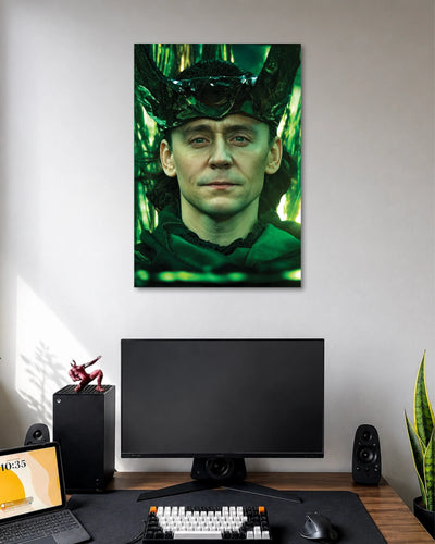Loki Tom Hiddleston Marvel Poster poster design: Bring the God of Mischief to your wall with this Loki poster. Tom Hiddleston appears in a green tinted portrait wearing Loki's iconic horned headpiece, creating a bold look for Marvel fans and superhero themed rooms.