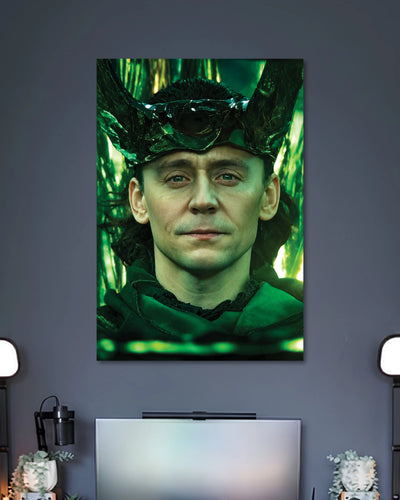 Loki Tom Hiddleston Marvel Poster poster design: Bring the God of Mischief to your wall with this Loki poster. Tom Hiddleston appears in a green tinted portrait wearing Loki's iconic horned headpiece, creating a bold look for Marvel fans and superhero themed rooms.