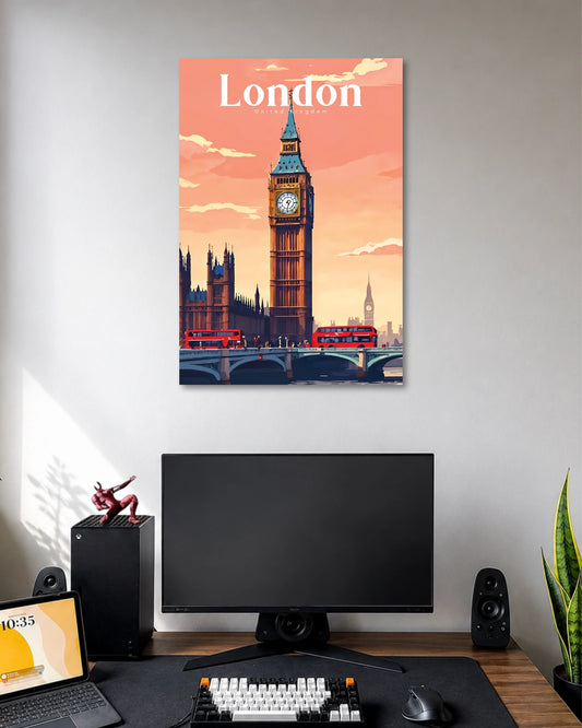 London Big Ben Travel Poster poster design: Big Ben and the surrounding Westminster skyline rise against a peach coloured sunset, while red double decker buses cross the bridge below. The warm palette and illustrated landmarks capture London's charm in a classic travel poster style.