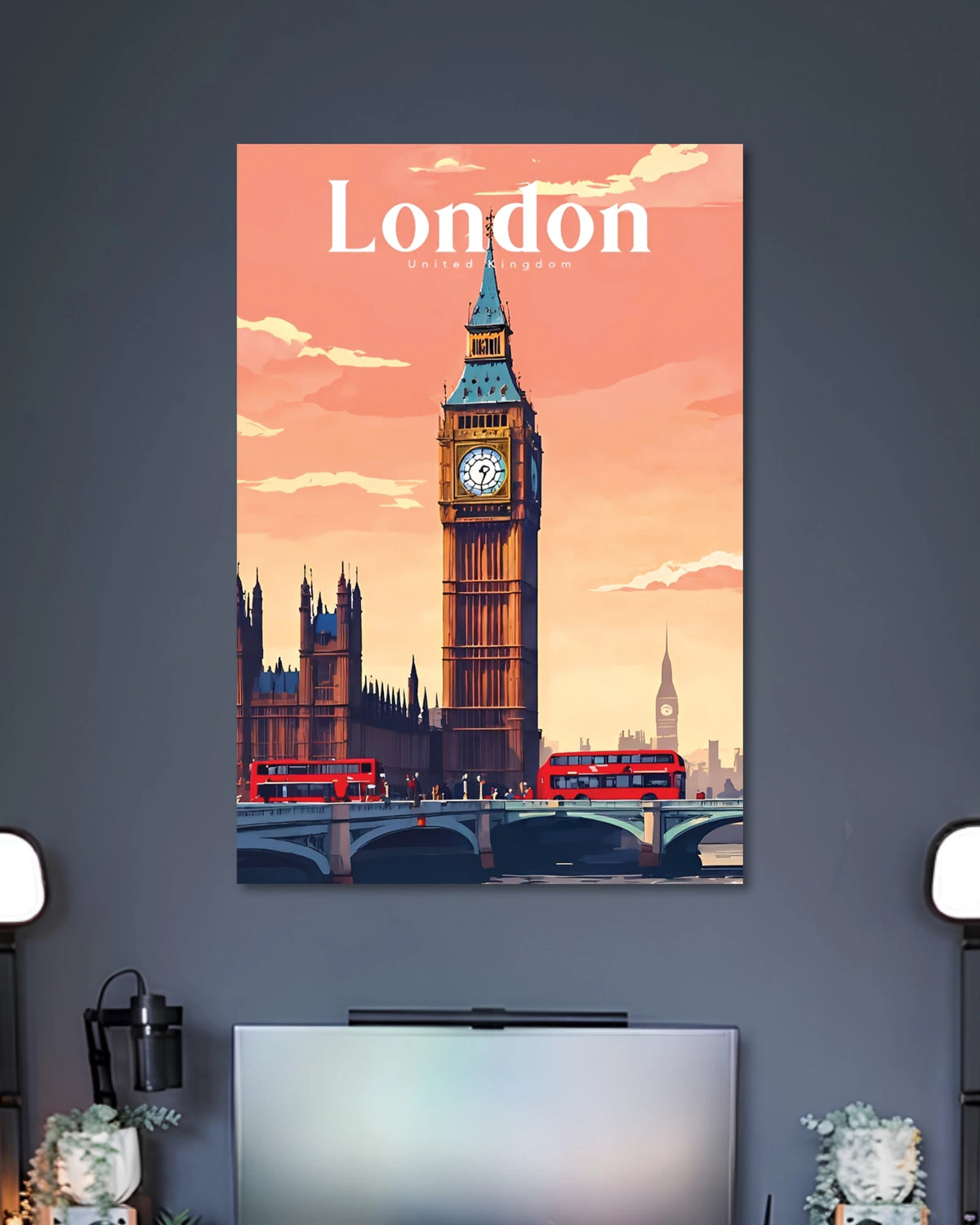 London Big Ben Travel Poster poster design: Big Ben and the surrounding Westminster skyline rise against a peach coloured sunset, while red double decker buses cross the bridge below. The warm palette and illustrated landmarks capture London's charm in a classic travel poster style.