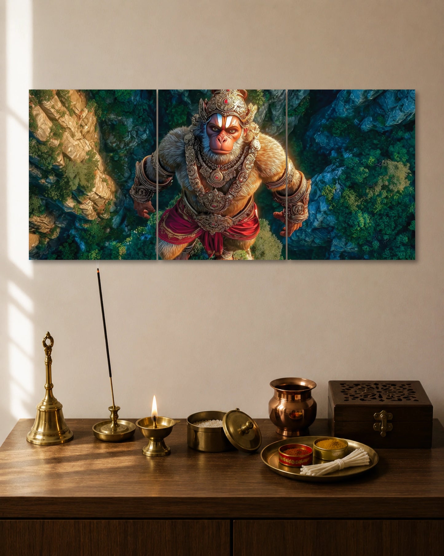 Lord Hanuman Flying Over Valley 3 Piece Split Wall Art three-panel artwork 1