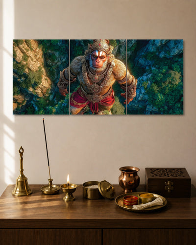 Lord Hanuman Flying Over Valley 3 Piece Split Wall Art three-panel artwork 1