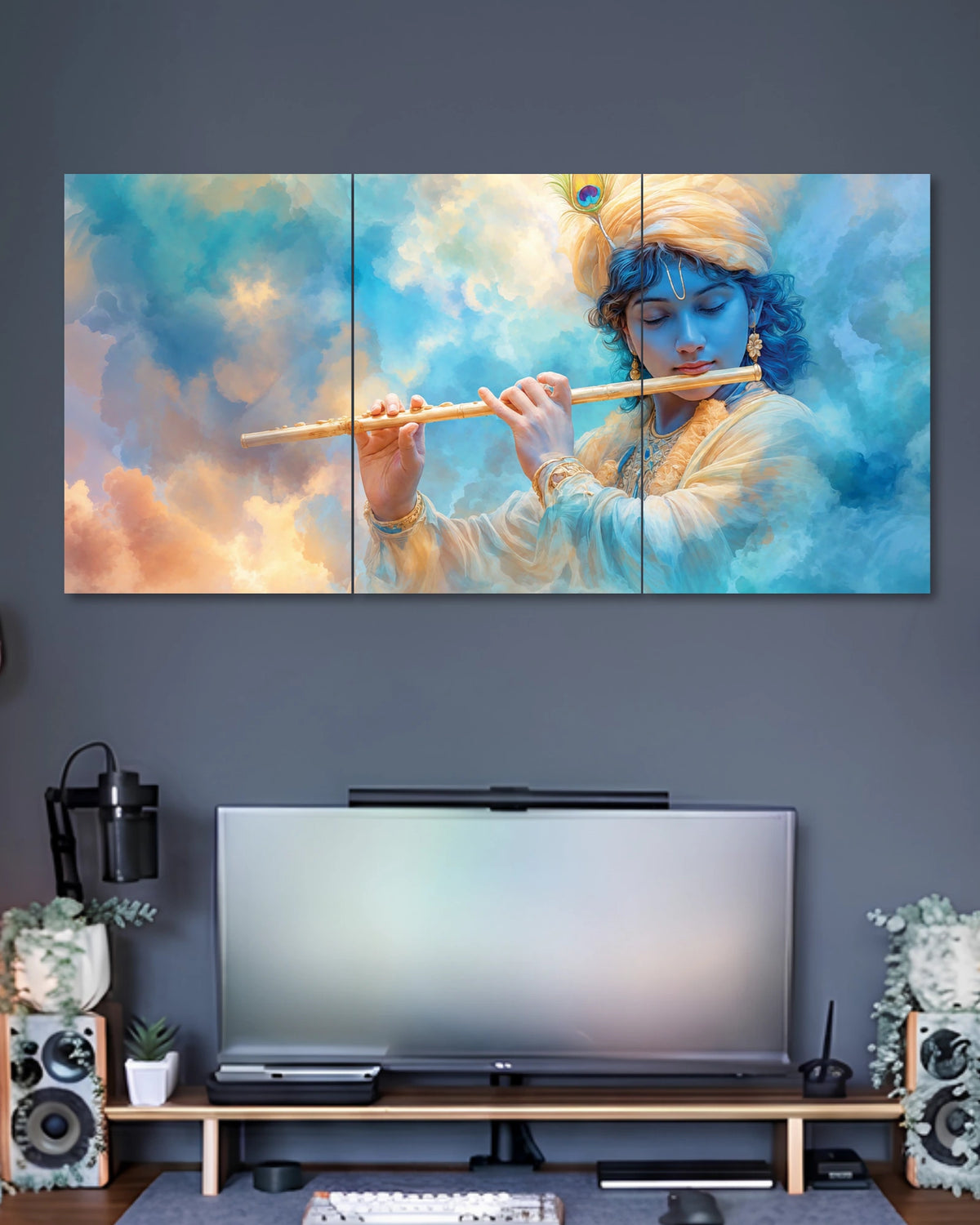 Lord Krishna Flute 3 Piece Split Wall Art three-panel artwork 2