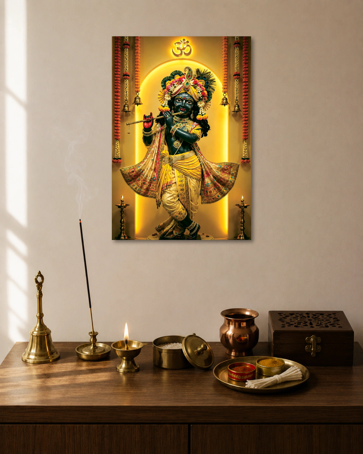 Lord Krishna Flute Devotional Poster artwork with bold detailed composition 1