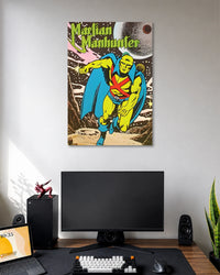 Vintage comic-cover art of green-skinned Martian Manhunter wearing a blue cape and red straps against a cosmic backdrop.