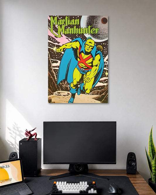 Vintage comic-cover art of green-skinned Martian Manhunter wearing a blue cape and red straps against a cosmic backdrop.