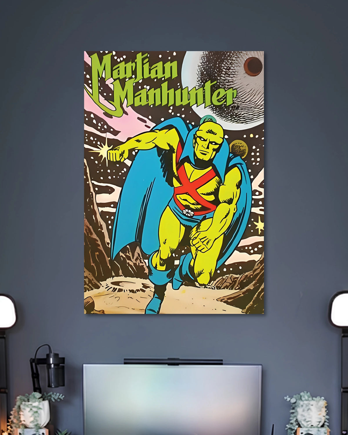 Vintage comic-cover art of green-skinned Martian Manhunter wearing a blue cape and red straps against a cosmic backdrop.