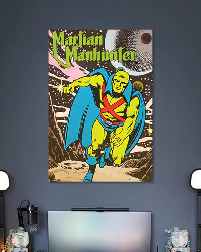 Vintage comic-cover art of green-skinned Martian Manhunter wearing a blue cape and red straps against a cosmic backdrop.
