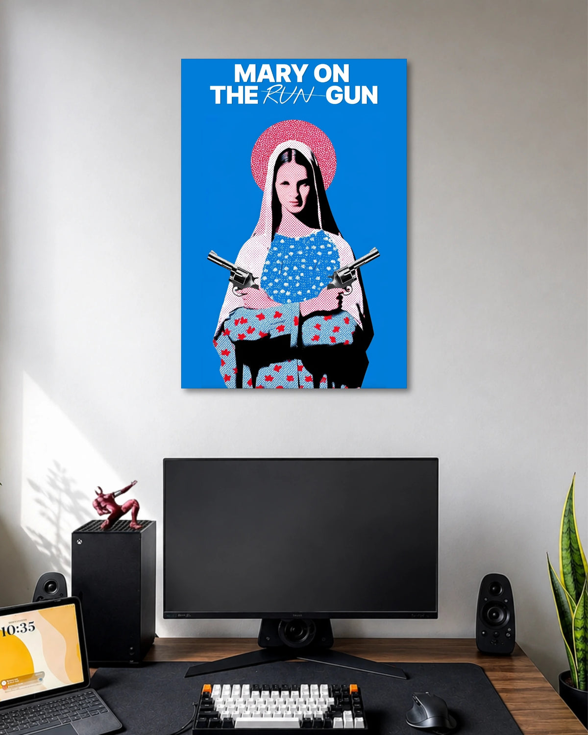 Mary on the Run Gun Pop Art Poster poster design: The words “Mary on the Run Gun” appear above a stylised woman holding two revolvers against a vivid blue background. A red halo frames her head, while halftone textures and contrasting colours create a distinctive retro pop art aesthetic.