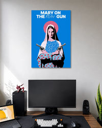 Mary on the Run Gun Pop Art Poster poster design: The words “Mary on the Run Gun” appear above a stylised woman holding two revolvers against a vivid blue background. A red halo frames her head, while halftone textures and contrasting colours create a distinctive retro pop art aesthetic.