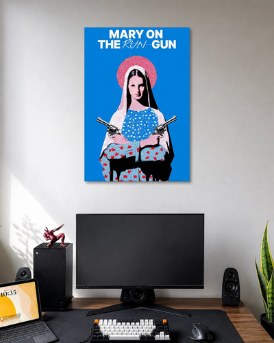 Mary on the Run Gun Pop Art Poster poster design: The words “Mary on the Run Gun” appear above a stylised woman holding two revolvers against a vivid blue background. A red halo frames her head, while halftone textures and contrasting colours create a distinctive retro pop art aesthetic.