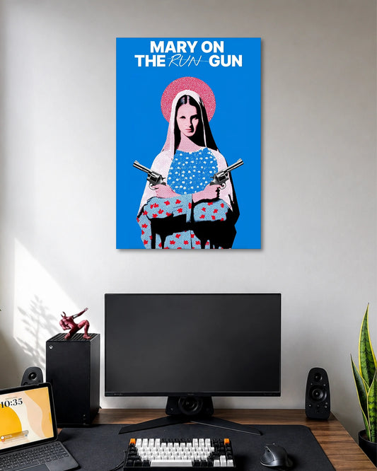 Mary on the Run Gun Pop Art Poster poster design: The words “Mary on the Run Gun” appear above a stylised woman holding two revolvers against a vivid blue background. A red halo frames her head, while halftone textures and contrasting colours create a distinctive retro pop art aesthetic.