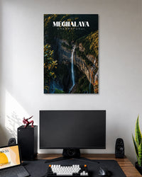 Meghalaya Cherrapunji Waterfall Poster poster design: This Meghalaya poster captures a slender waterfall descending between towering rocky cliffs and lush forest. Deep green foliage, rugged textures and the flowing white water create a dramatic natural landscape. The clean Cherrapunji typography completes this scenic design for travel and nature enthusiasts.