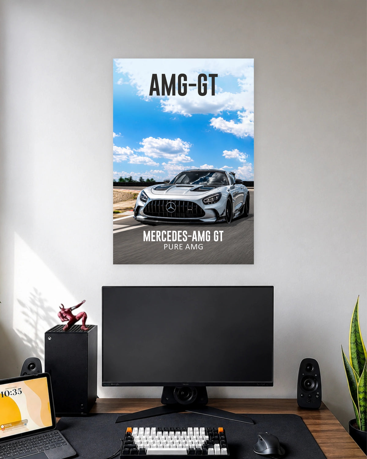 Mercedes-AMG GT Track Drive Poster wall poster displayed in a modern minimalist workspace setup 1