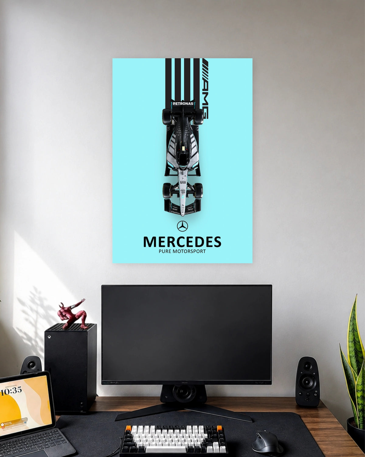 Mercedes Petronas F1 Top View Poster wall poster displayed in a modern minimalist workspace setup 1