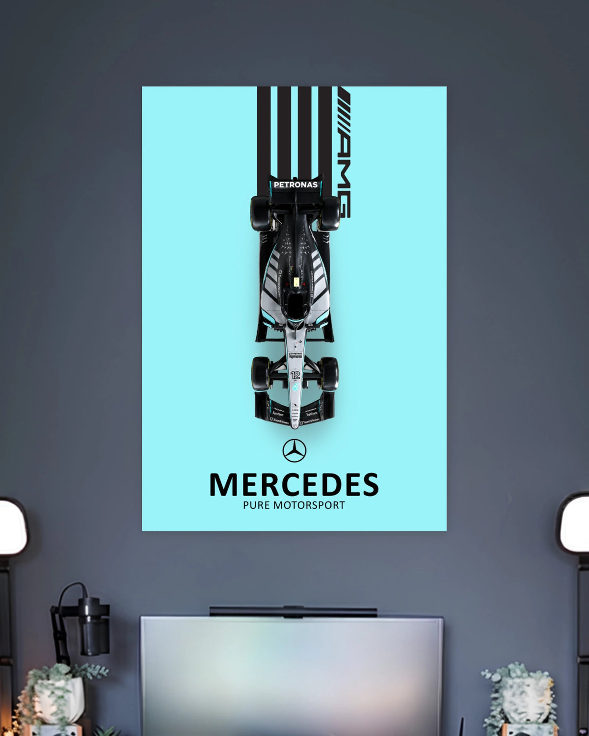 Mercedes Petronas F1 Top View Poster wall poster displayed in a contemporary interior setting 2