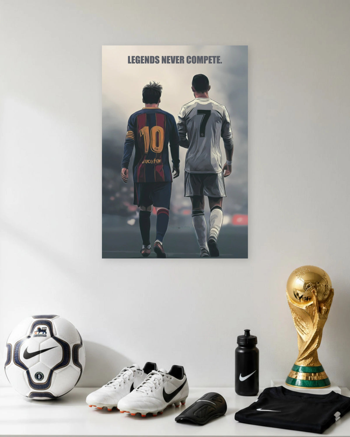 Messi Ronaldo Legends Never Compete poster featuring premium artwork design 1