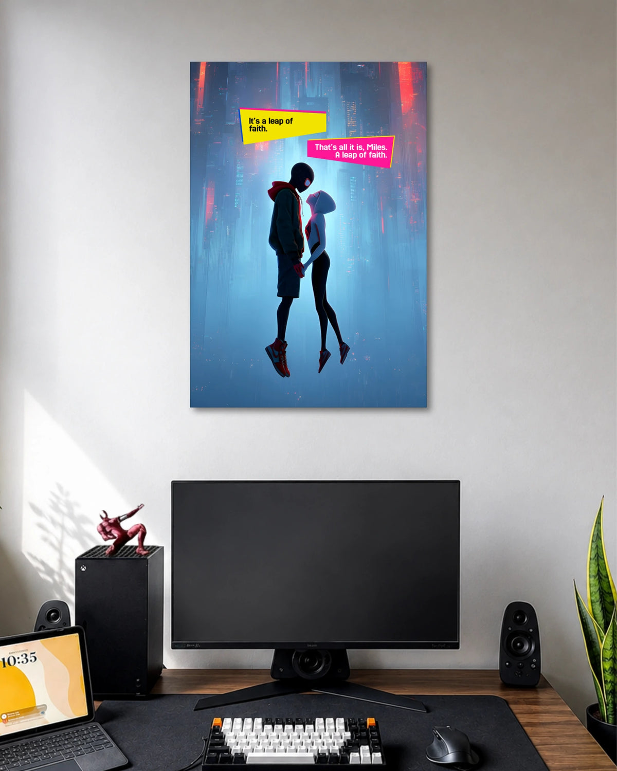 Neon-blue illustration of Miles Morales and Spider-Gwen floating face to face beneath yellow and pink leap-of-faith dialogue boxes.