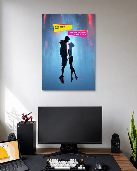 Neon-blue illustration of Miles Morales and Spider-Gwen floating face to face beneath yellow and pink leap-of-faith dialogue boxes.