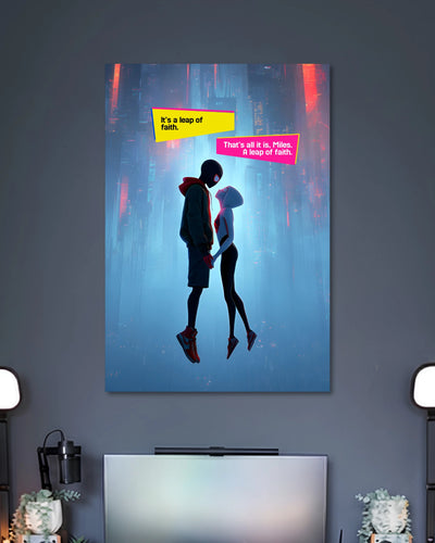 Neon-blue illustration of Miles Morales and Spider-Gwen floating face to face beneath yellow and pink leap-of-faith dialogue boxes.