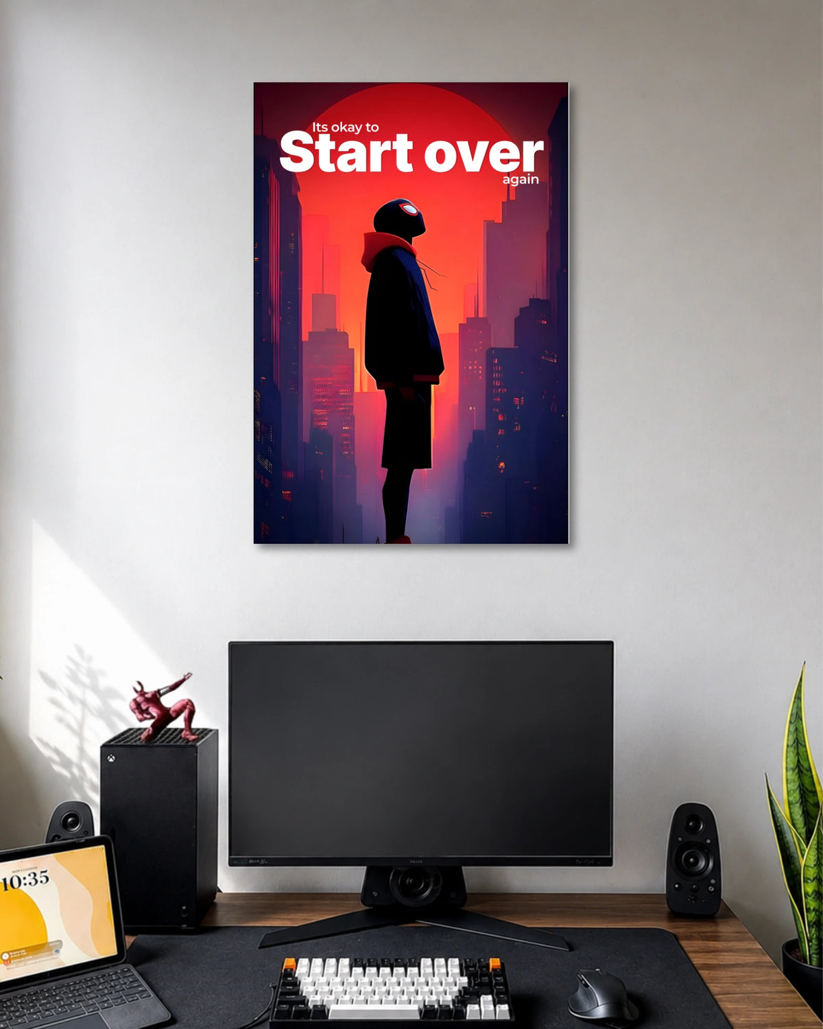 Red-and-purple city poster with a hooded Miles Morales silhouette and white It's okay to Start over again lettering.