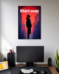 Red-and-purple city poster with a hooded Miles Morales silhouette and white It's okay to Start over again lettering.