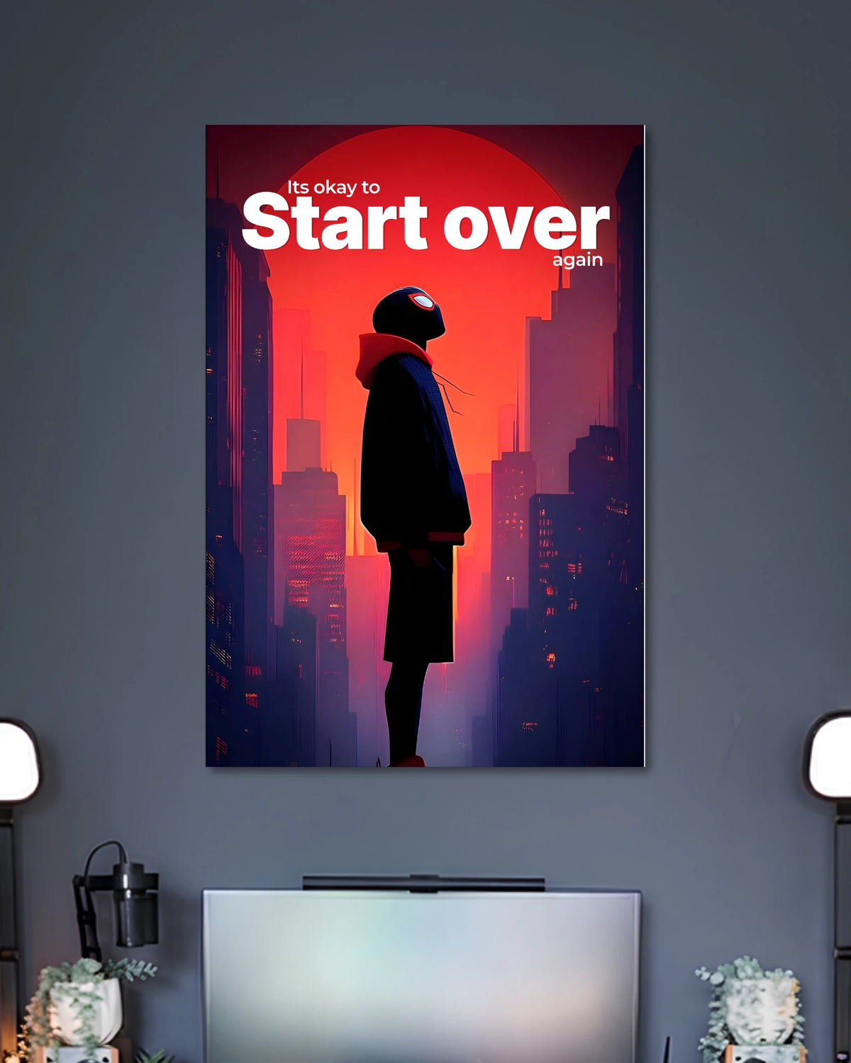 Red-and-purple city poster with a hooded Miles Morales silhouette and white It's okay to Start over again lettering.