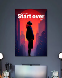 Red-and-purple city poster with a hooded Miles Morales silhouette and white It's okay to Start over again lettering.