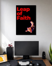 Black poster with bright red LEAP OF FAITH lettering and a small upside-down Miles Morales Spider-Man figure near the bottom.