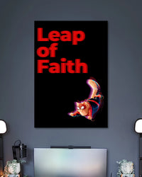 Black poster with bright red LEAP OF FAITH lettering and a small upside-down Miles Morales Spider-Man figure near the bottom.