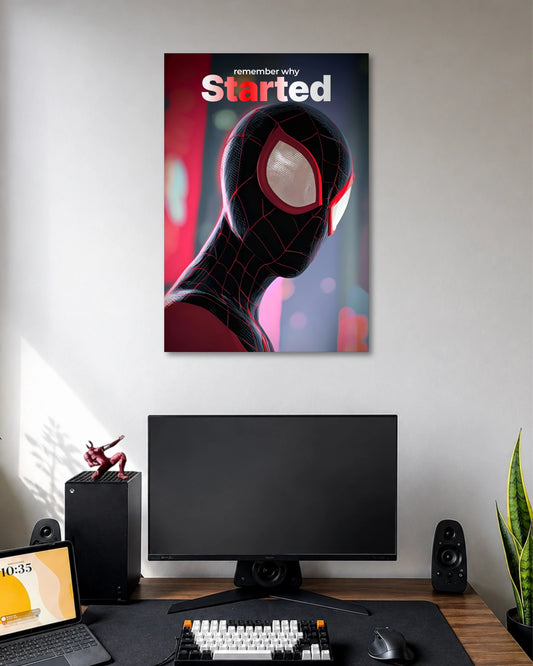 Side-profile close-up of Miles Morales in a black Spider-Man mask against purple and teal city bokeh, with Remember Why You Started text.