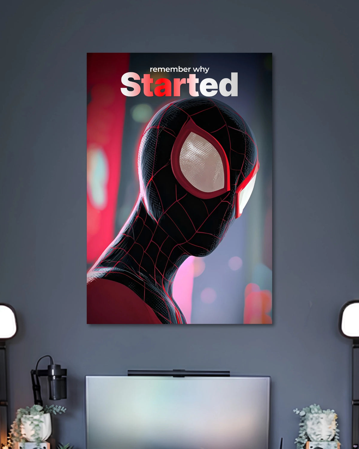 Side-profile close-up of Miles Morales in a black Spider-Man mask against purple and teal city bokeh, with Remember Why You Started text.