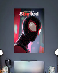 Side-profile close-up of Miles Morales in a black Spider-Man mask against purple and teal city bokeh, with Remember Why You Started text.