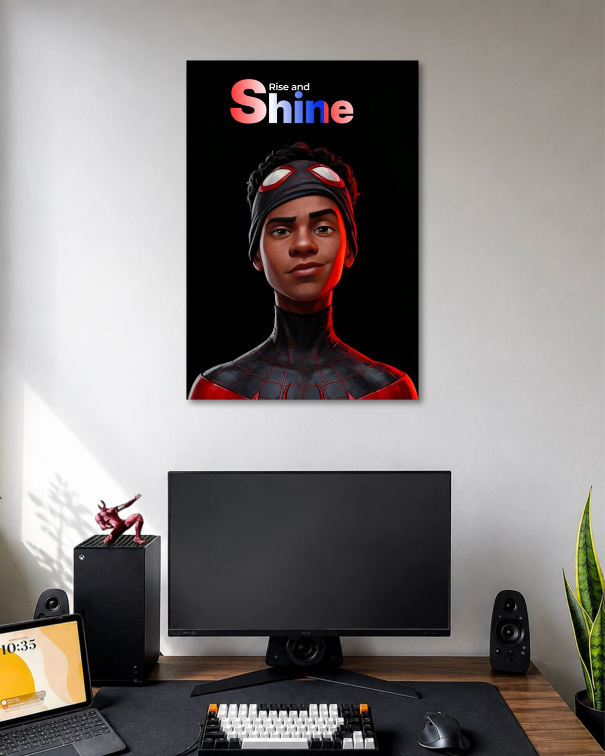 Miles Morales in a black-and-red Spider-Man suit with a red headband against black, below pink RISE AND SHINE lettering.