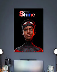 Miles Morales in a black-and-red Spider-Man suit with a red headband against black, below pink RISE AND SHINE lettering.