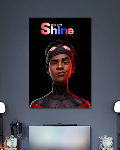 Miles Morales in a black-and-red Spider-Man suit with a red headband against black, below pink RISE AND SHINE lettering.