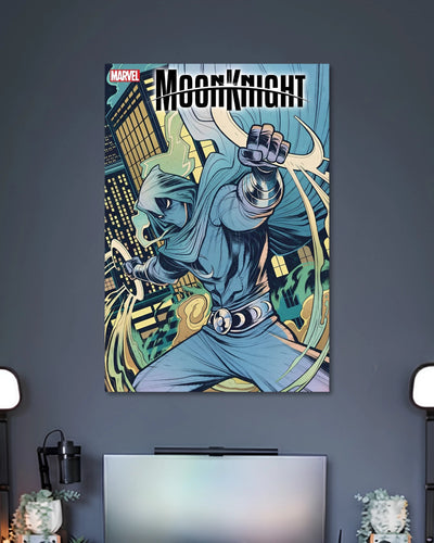 Blue-toned comic illustration of hooded Moon Knight jumping forward with white cape and crescent-themed weapons over a night city.