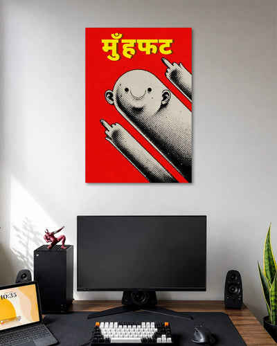 Muhfat Dark Humour Poster poster design: A smiling, elongated character raises both middle fingers against a bright red background. Yellow Hindi lettering reading “मुंहफट” sits above the figure, while black and white halftone shading gives the illustration a vintage comic book appearance.