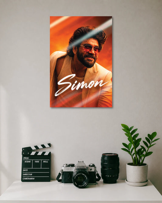Simon Kuberaa Movie Poster poster design: Add a cinematic touch to your space with this Simon poster, featuring a bearded man in tinted glasses and a cream outfit. The warm orange background and bold script create a striking portrait design for movie fans and entertainment spaces.