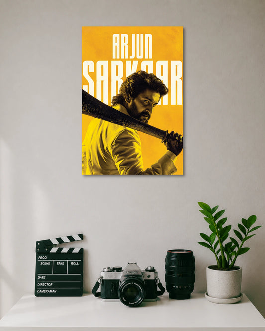 Nani Arjun Sarkaar HIT 3 Poster poster design: Celebrate Nani’s intense role as Arjun Sarkaar with this HIT: The Third Case poster. The striking yellow background, rugged look and sword resting across his shoulder create a bold action inspired design for Telugu cinema fans and movie themed spaces.