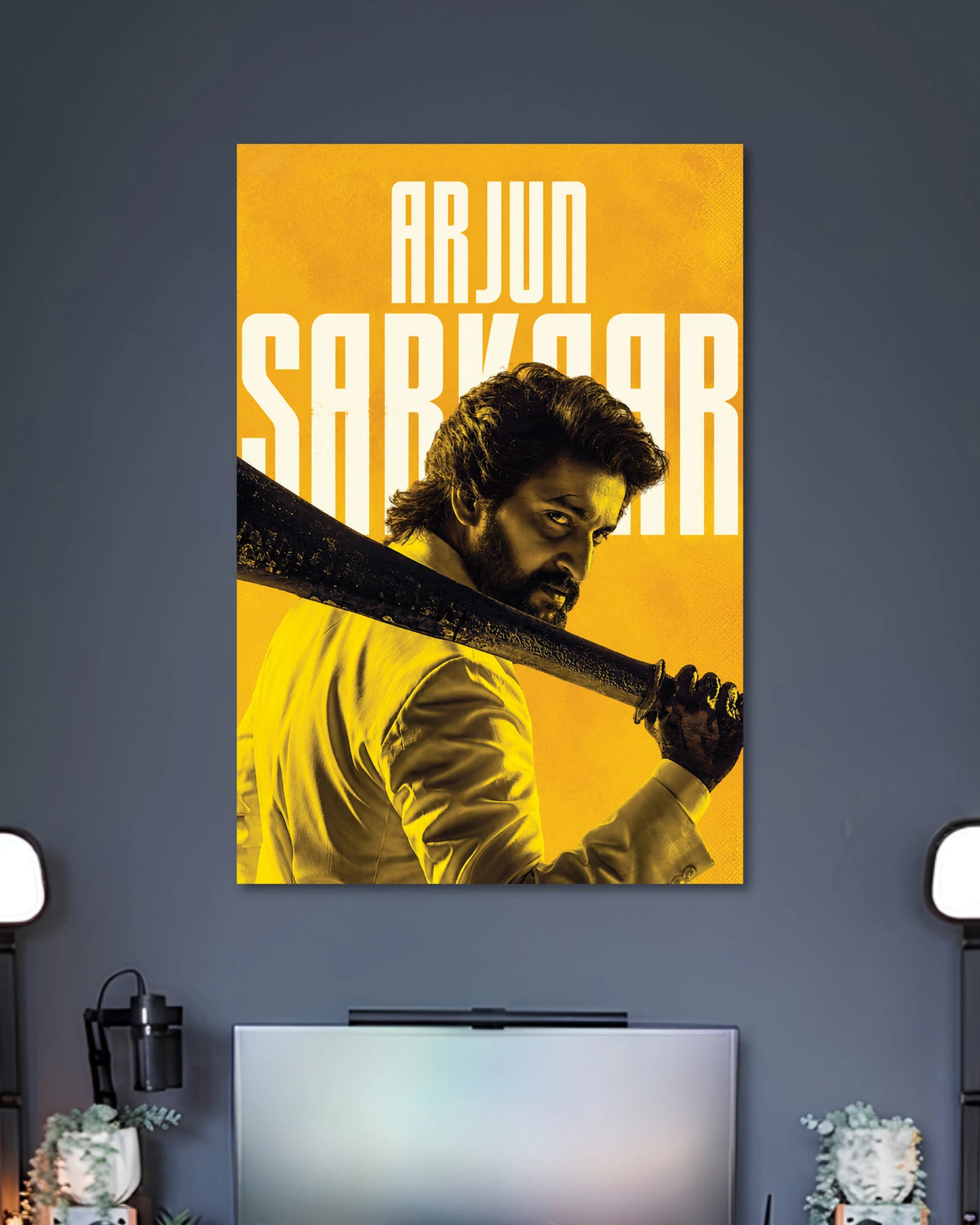 Nani Arjun Sarkaar HIT 3 Poster poster design: Celebrate Nani’s intense role as Arjun Sarkaar with this HIT: The Third Case poster. The striking yellow background, rugged look and sword resting across his shoulder create a bold action inspired design for Telugu cinema fans and movie themed spaces.