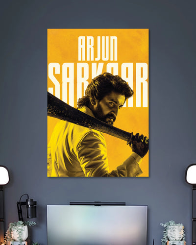Nani Arjun Sarkaar HIT 3 Poster poster design: Celebrate Nani’s intense role as Arjun Sarkaar with this HIT: The Third Case poster. The striking yellow background, rugged look and sword resting across his shoulder create a bold action inspired design for Telugu cinema fans and movie themed spaces.
