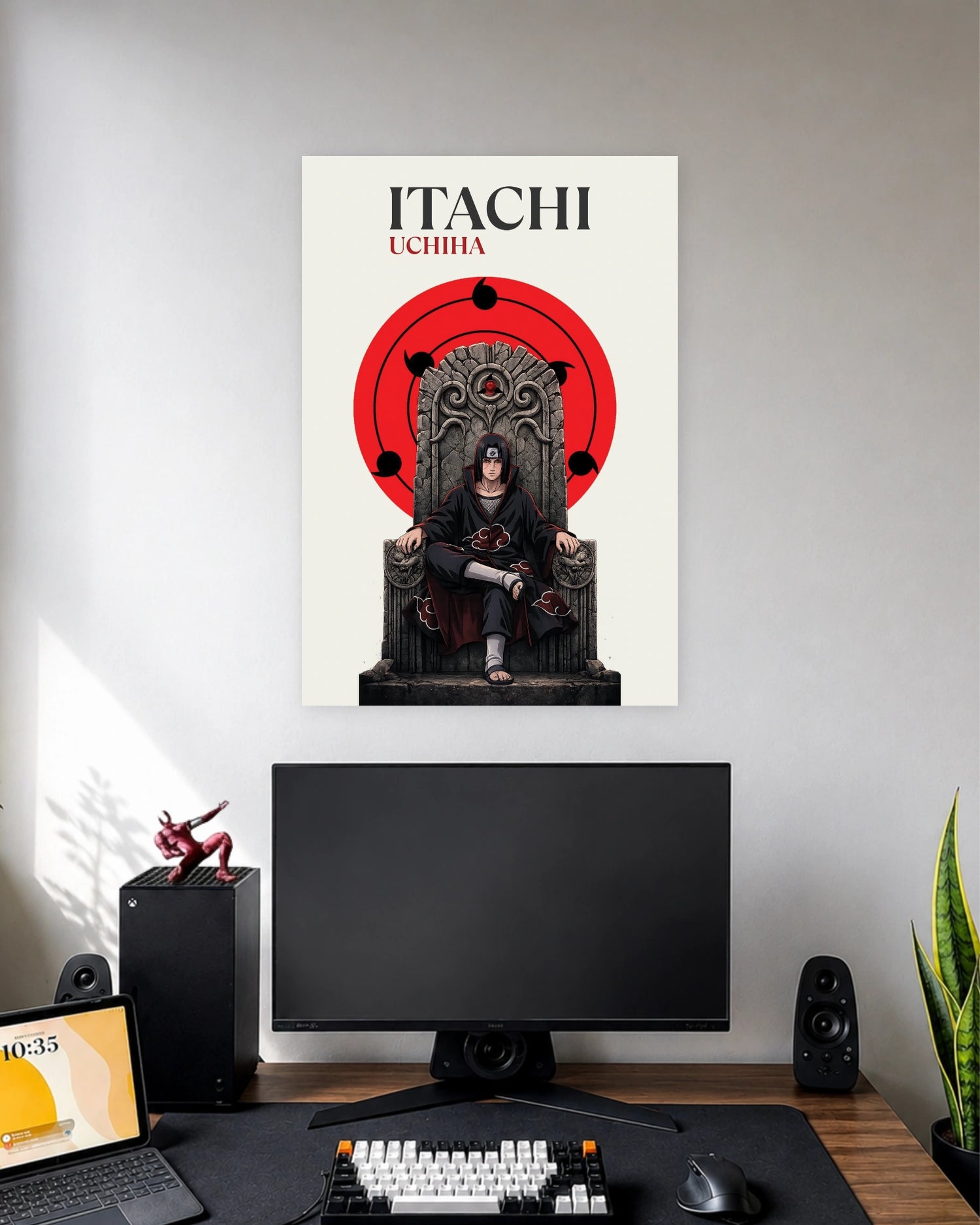 Itachi Uchiha Naruto Anime Poster wall poster displayed in a modern minimalist workspace setup 1