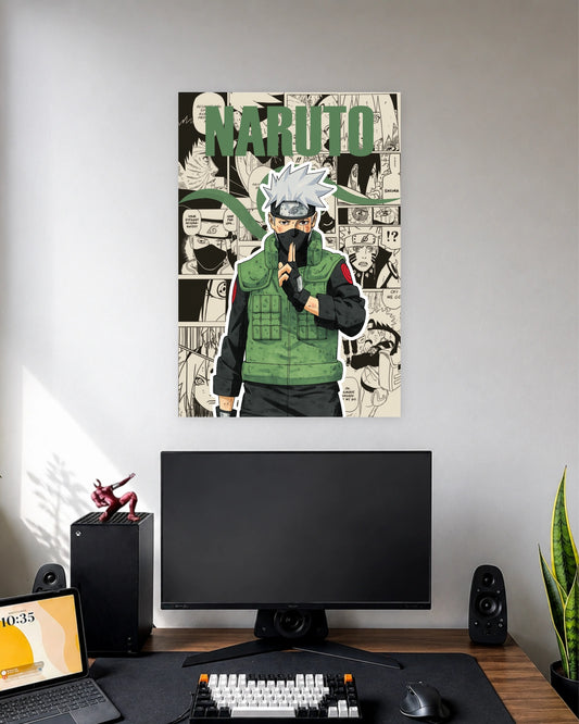 Kakashi Hatake Naruto Anime Poster wall poster displayed in a modern minimalist workspace setup 1