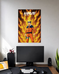 Naruto Uzumaki Flame Aura Poster wall poster displayed in a modern minimalist workspace setup 1