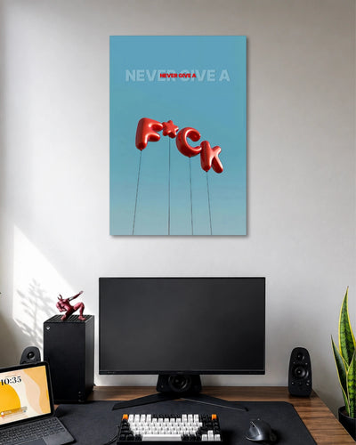 Never Give Up F*ck Motivational Poster poster design: Red, glossy balloon letters spelling “F*CK” float against a clear blue sky, paired with the words “Never Give Up.” The playful 3D lettering and minimal background create a bold, unconventional motivational design for anyone who appreciates edgy typography.