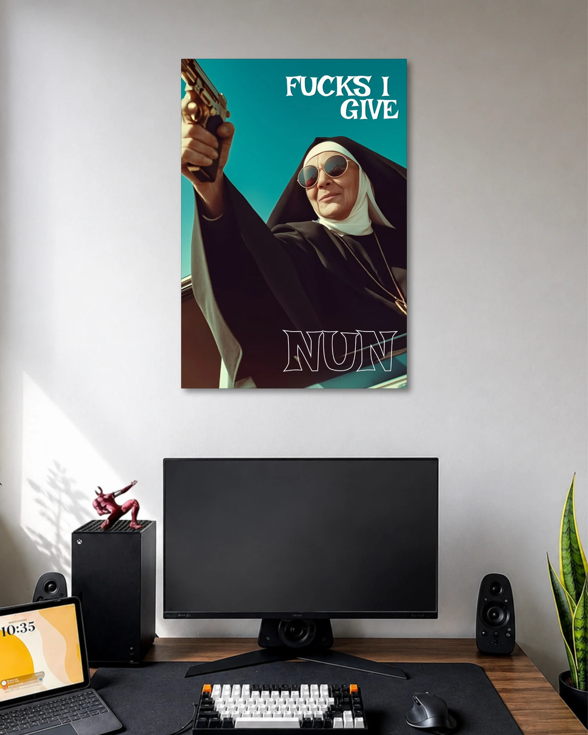 Nun Fucks I Give Funny Pop Culture Poster poster design: A bold, humorous design featuring a sunglasses-wearing nun holding a gun against a vivid turquoise background. The statement “Fucks I Give” adds an irreverent twist to this pop culture poster.