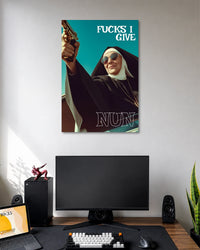Nun Fucks I Give Funny Pop Culture Poster poster design: A bold, humorous design featuring a sunglasses-wearing nun holding a gun against a vivid turquoise background. The statement “Fucks I Give” adds an irreverent twist to this pop culture poster.
